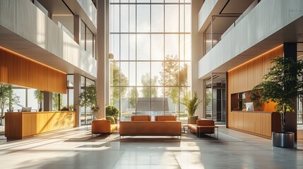 Poster - Modern interior design, a large open-space lobby with double-height ceilings in an office building. with tall windows and glass walls, complemented by wood furniture and a concrete floor.