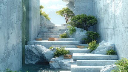 Aufkleber - An abstract geometric design with concrete stairs, green plants and books on the steps, rocks around the edges of the structure.
