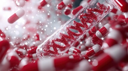 Poster - A dynamic image of red capsules surrounding a glass tube containing a red DNA strand, symbolizing medical breakthroughs and pharmaceutical innovations in biotechnology.