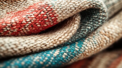 Poster - A close-up view of a colorful woolen fabric displaying intricate knitting patterns, highlighting warm hues and textures, perfect for cozy apparel and home decor applications.