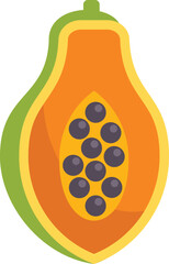 Poster - Minimalist illustration representing a papaya cut in half, showing its orange pulp and black seeds, isolated on a white background