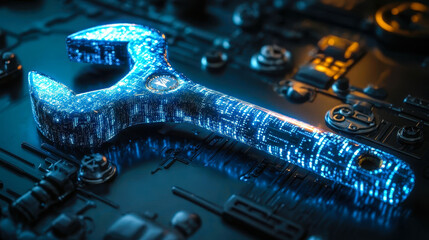 Poster - digital wrench with binary code for ai predictive maintenance and equipment diagnostics