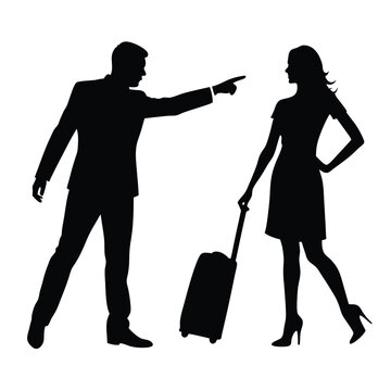 Man Reaches Out as Woman Walks Away with Suitcase silhouette