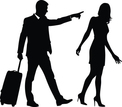 Man Reaches Out as Woman Walks Away with Suitcase silhouette