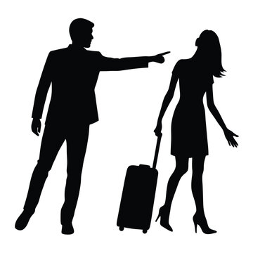 Man Reaches Out as Woman Walks Away with Suitcase silhouette