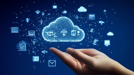 Poster - A hand is holding a cloud with many icons on it