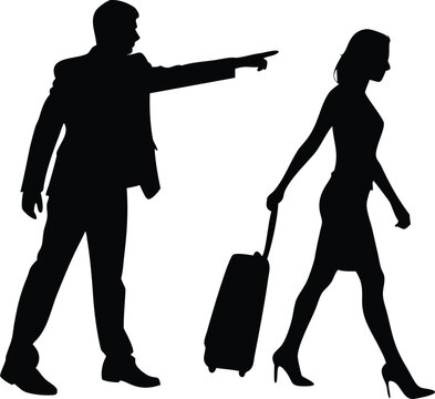 Man Reaches Out as Woman Walks Away with Suitcase silhouette