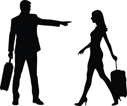 Man Reaches Out as Woman Walks Away with Suitcase silhouette