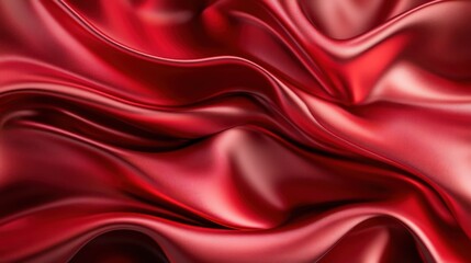 Poster - An artistic close-up of elegant red silk fabric displays smooth, fluid waves and folds, exuding a luxurious and dynamic aesthetic charm.