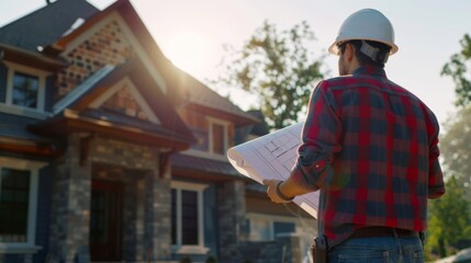 Construction Worker Reviewing House Plans at New Home Site