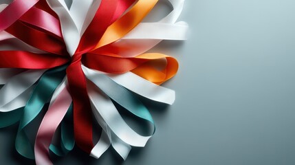 Poster - A vivid assortment of intertwined red, pink, orange, and blue ribbons spread over a gray surface, showcasing a lively and energetic burst of color and texture.