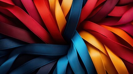 Poster - A vibrant spread of colorful ribbons intertwined together, creating an intricate and lively pattern. The image evokes a sense of festivity and celebration through its bright hues.