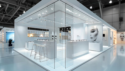 Poster - A modern design for an open space trade show booth. glass tables. eyewear trades show.