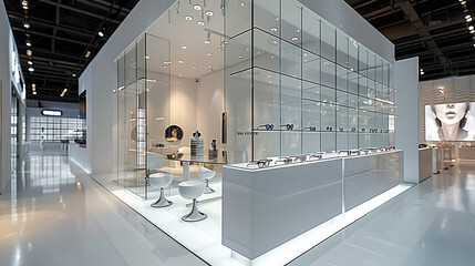 Poster - A modern design for an open space trade show booth. glass tables. eyewear trades show.