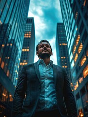 Poster - A happy man in a business suit stands against a surreal blue cityscape, towering skyscrapers cast in shadows.