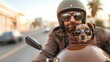 © Larisa AI - A content man and his relaxed dog, both wearing helmets and goggles, enjoy a scenic motorcycle ride, embodying freedom and companionship on the road.