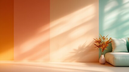 Poster - A minimalist living room designed with soft pastel colors, featuring sunlight casting soft shadows, a simple white sofa, and a plant in a corner, creating a calm space.