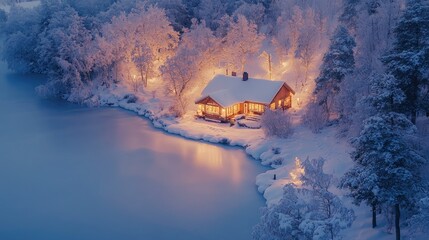 Wall Mural - A cozy cabin with glowing windows sits on a snowy lakeshore, surrounded by a blanket of white.