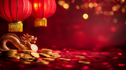 Golden dragon and traditional ancient coins with chinese new year decoration