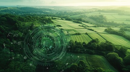 Poster - Green technology with circular HUD interface over green farmland.