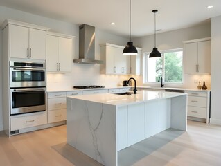 Wall Mural - Modern Kitchen Island with White Cabinets and Marble Countertops