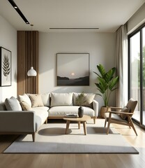 Wall Mural - Modern Minimalist Living Room Interior Design With White Sofa And Wooden Coffee Table