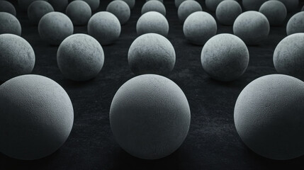 Poster - A Unique View of Various Textured Gray Spheres Arranged in a Hypnotic Pattern on a Dark Surface for Creative Backgrounds and Artistic Projects