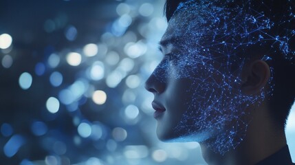 Poster - A man's face is projected onto a blue background with a lot of light