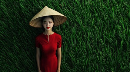 Vietnamese rice farmer working in emerald-green fields