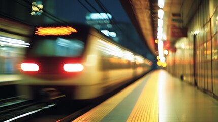 Wall Mural - A speeding train creates a motion blur, depicting the fast-paced nature of urban life on a bustling platform.