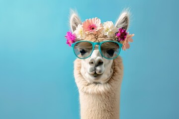 Llama in sunglasses and flower crown against blue background