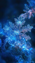 Poster - Explore the beauty of abstract snowflakes on a deep blue background with a soft glow