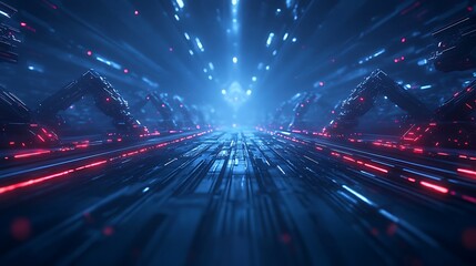 Poster - A futuristic digital landscape with illuminated pathways and vibrant blue and red lights, creating a sense of depth and movement.