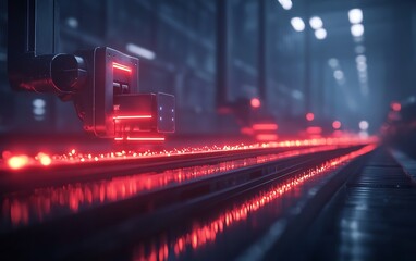 Poster - A low-angle view of glowing red lights along a sleek surface, set in a futuristic industrial environment.