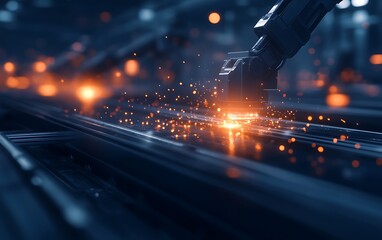 Aufkleber - A robotic arm welds metal components, producing sparks in a high-tech industrial environment filled with glowing lights.