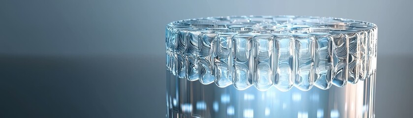 Poster - a close-up of a glass filled with water, showcasing a brightly illuminated base and intricate drople