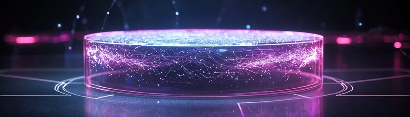Poster - a glowing, circular platform with vibrant lights and floating particles, suggesting a futuristic or 