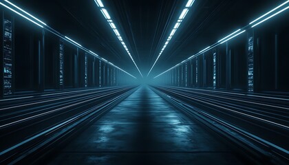 Poster - A futuristic, illuminated corridor stretches into the distance, shrouded in mist, with glowing lights that create a captivating, eerie atmosphere.