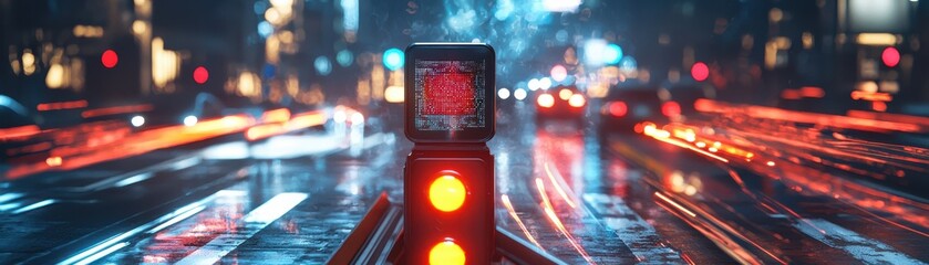 Poster - A vibrant urban scene at night featuring a traffic light against a backdrop of blurred car lights.