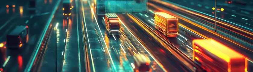 Poster - A vibrant night scene of moving trucks on a highway, illuminated by colorful lights, capturing the essence of urban transport and motion.