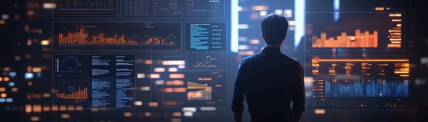 Poster - a person stands before a futuristic interface filled with data visualizations and charts, immersed i