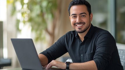 Poster - A man is sitting at a table with a laptop in front of him
