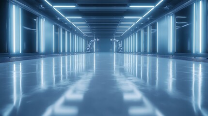 Poster - A futuristic, illuminated corridor with sleek, reflective surfaces and neon blue lighting creates a high-tech ambiance.