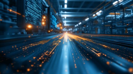 Aufkleber - A dynamic view of glowing lines and lights in a technological setting, suggesting speed and innovation in machinery or data processing.