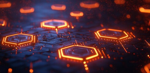 Poster - Illustration with neon digital theme, optical complex plan, digital grid lines and circuits. Future innovation and technology concepts.