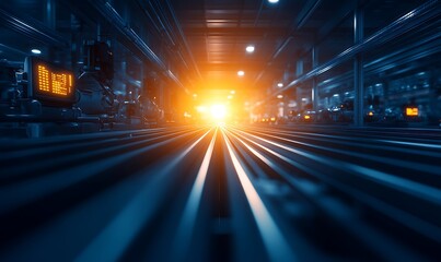 Leinwandbilder - An illuminated corridor with converging lines, showcasing a radiant light source at the end, creating a futuristic, technological atmosphere.