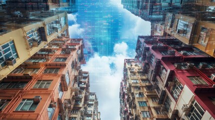 Poster - A cityscape with tall buildings and a blue sky