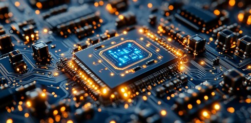 Poster - Illustration of a horizontal digital space with abstract blue tech circuit patterns. Conceptual design for the future.