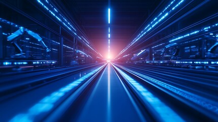Leinwandbilder - A futuristic scene showcasing a vibrant, illuminated tunnel with blue lights and a glowing focal point in the distance.