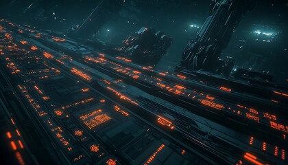 Aufkleber - A futuristic digital cityscape with glowing orange lights against a dark, expansive backdrop, evoking a sci-fi atmosphere.